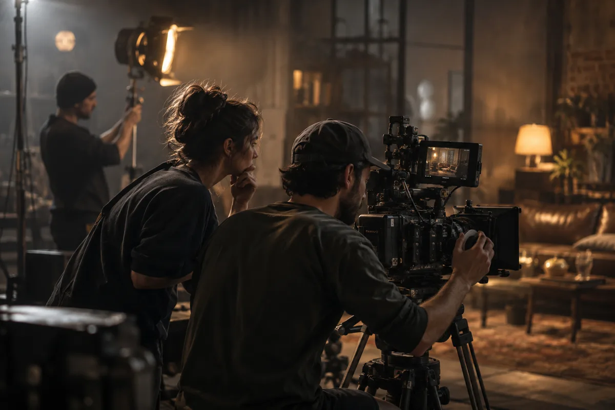 Illustrative behind-the-scenes scene of a film crew preparing a cinema camera