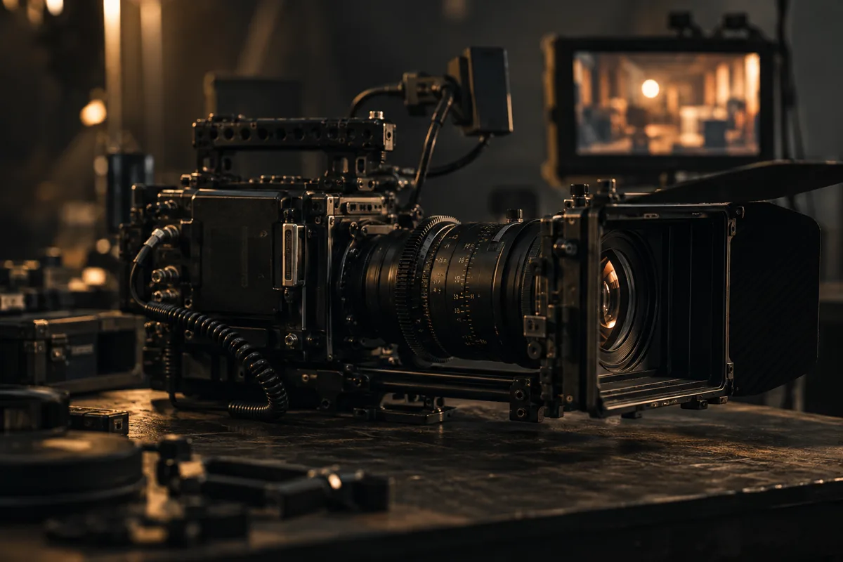 Illustrative cinema camera and production equipment in a warmly lit studio