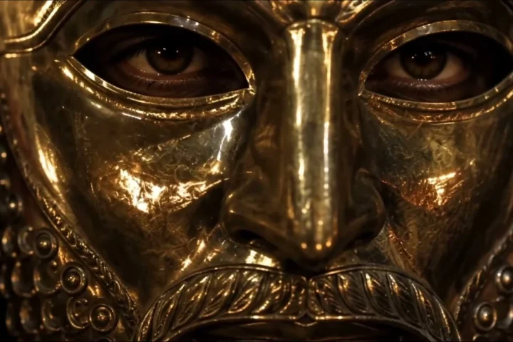 A detailed gold helmet and mask