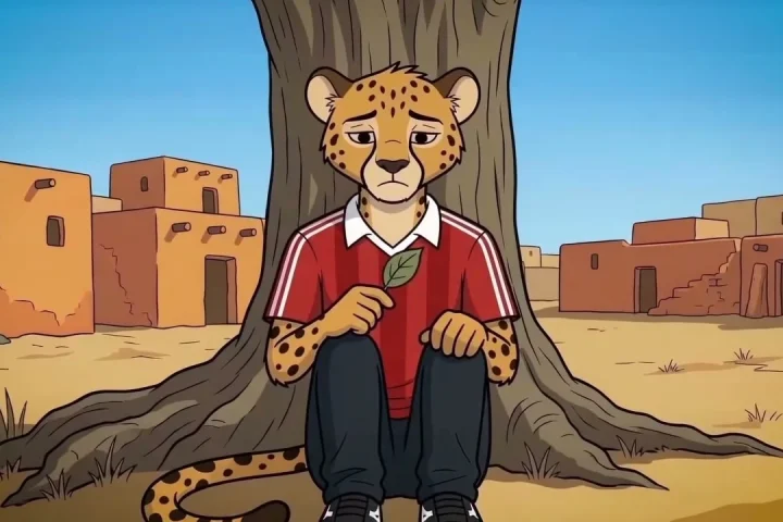 An animated cheetah character in a red jersey