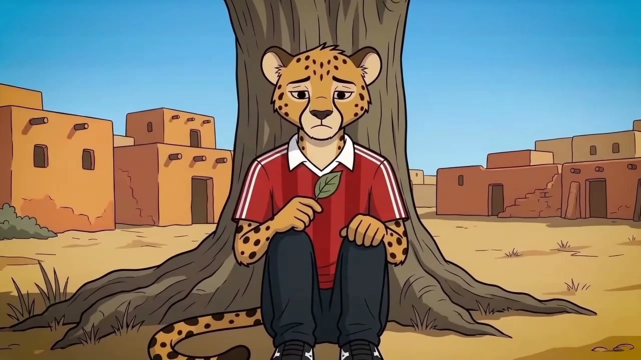 An animated cheetah character in a red jersey